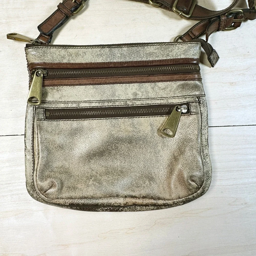 Fossil Soft Leather Gold Purse Rustic Antique Brass Cross-Body Metallic‎